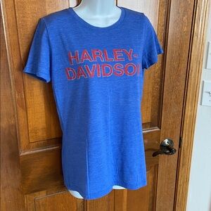 Harley Davidson T-shirt Womens Large Fitted Short Sleeve Coralville Iowa Blue